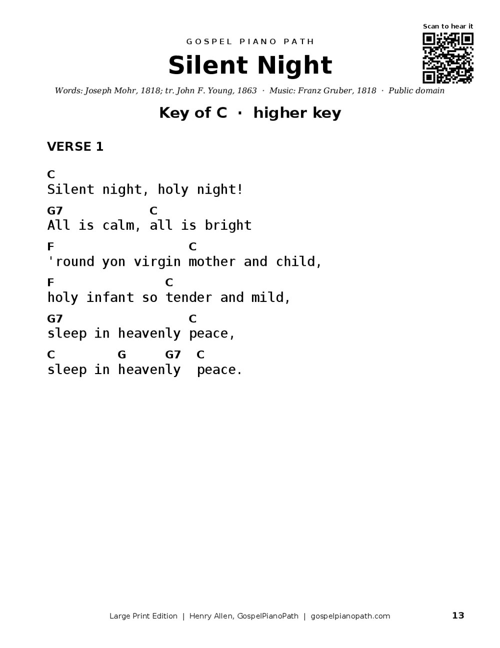 The first page of Silent Night in the key of C, large print, with the chords C, G7 and F printed over the words of verse one.