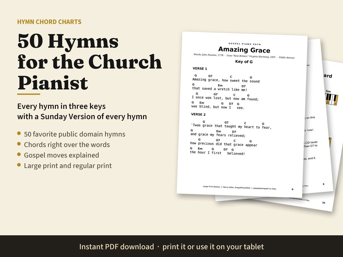 The cover of 50 Hymns for the Church Pianist, with the Amazing Grace chart page in front.