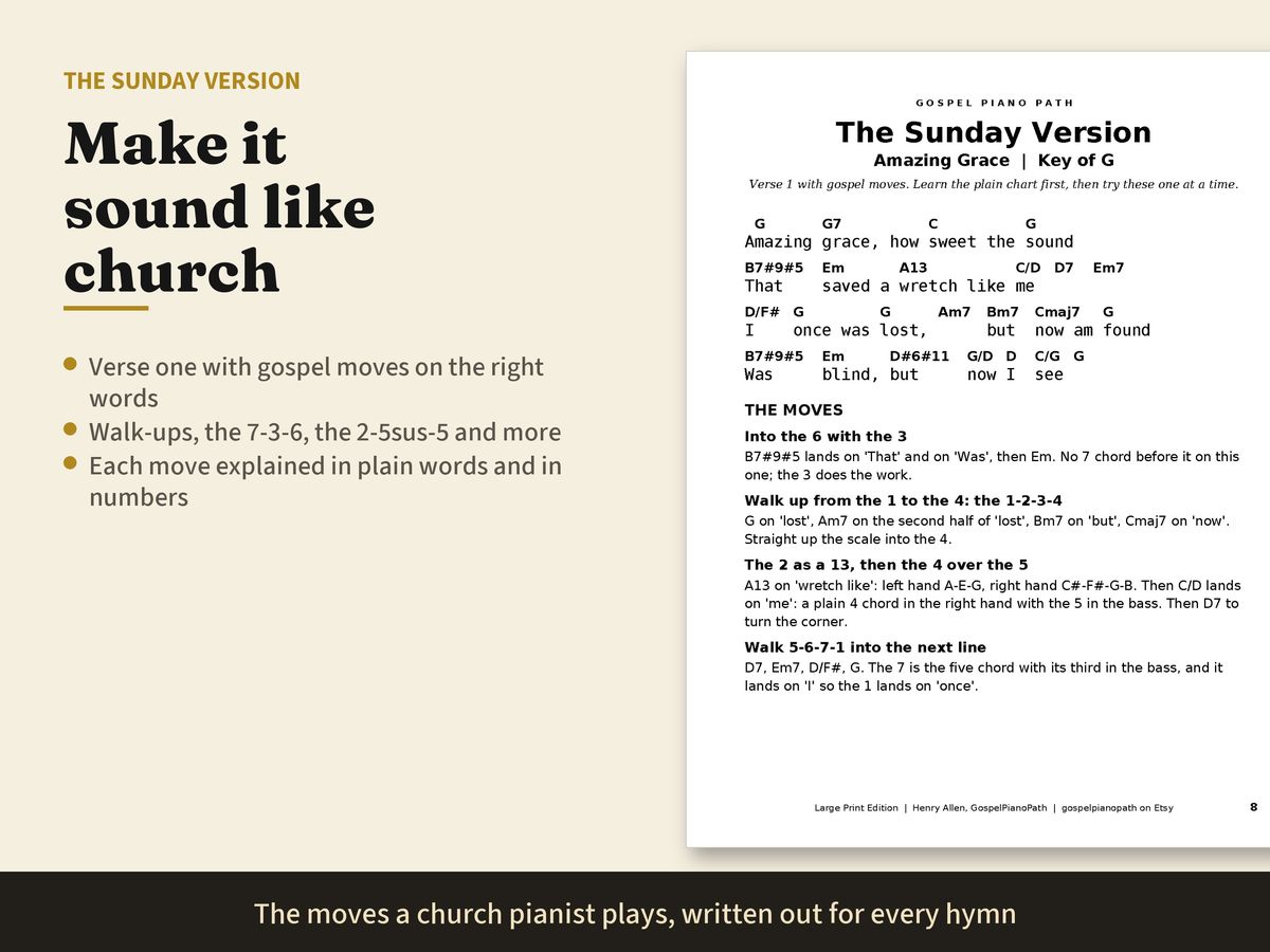 A Sunday Version page for Amazing Grace, with walk-ups and a 7-3-6 written over the words and each move explained below.