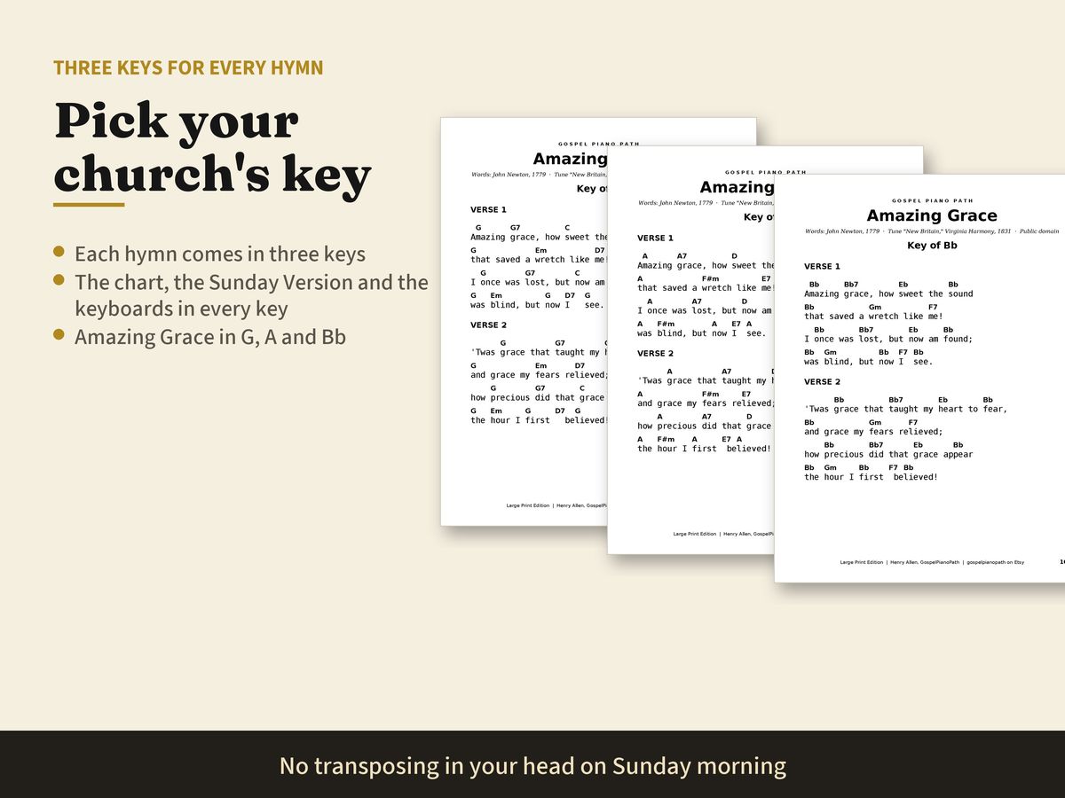 Amazing Grace in the keys of G, A and Bb, side by side.